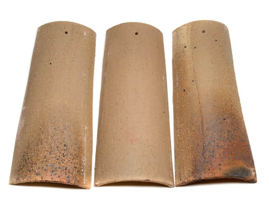 3 clay roof tiles showing the color blend and weathered finish of Limestone Flash Blend