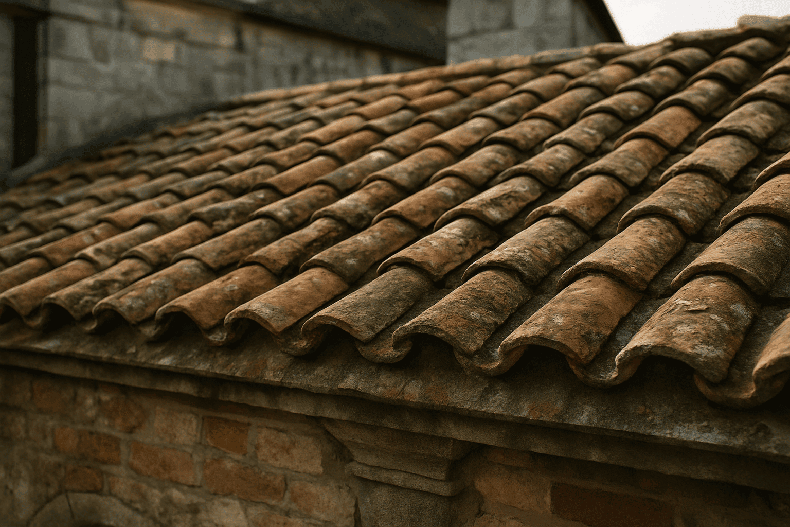Close-up of weathered clay roof tiles with moss and patina on an old brick roof