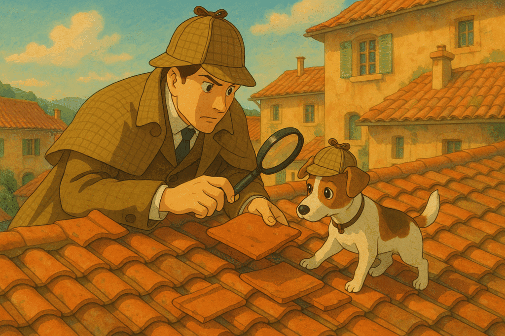 Illustration of Detective Inspecting Roof Tiles