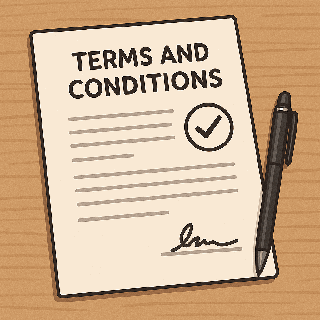 Illustration of a terms and conditions document with pen and signature on wood background