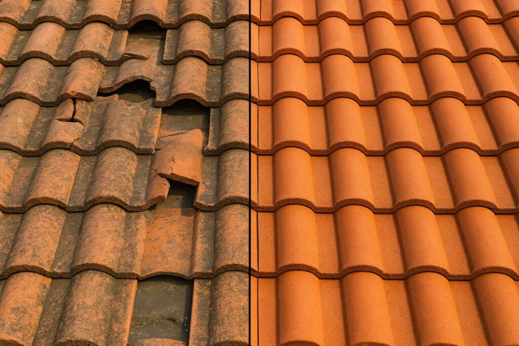 Split roof comparison showing broken clay roof tiles on the left and restored new clay roof tiles on the right