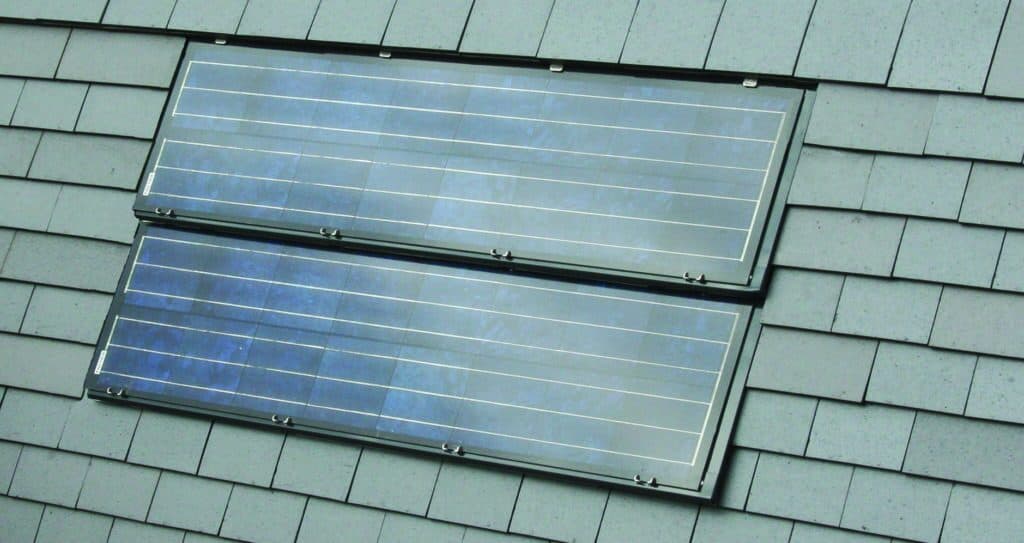 Dark Staffordshire Blue clay tiles with integrated solar panels