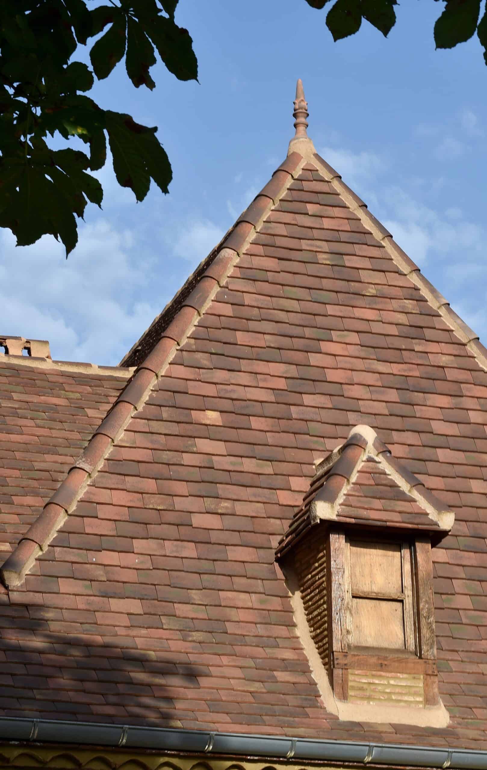 Huguenot Clay Roof Tiles – Gabarre Color, Steep Roof with Finial