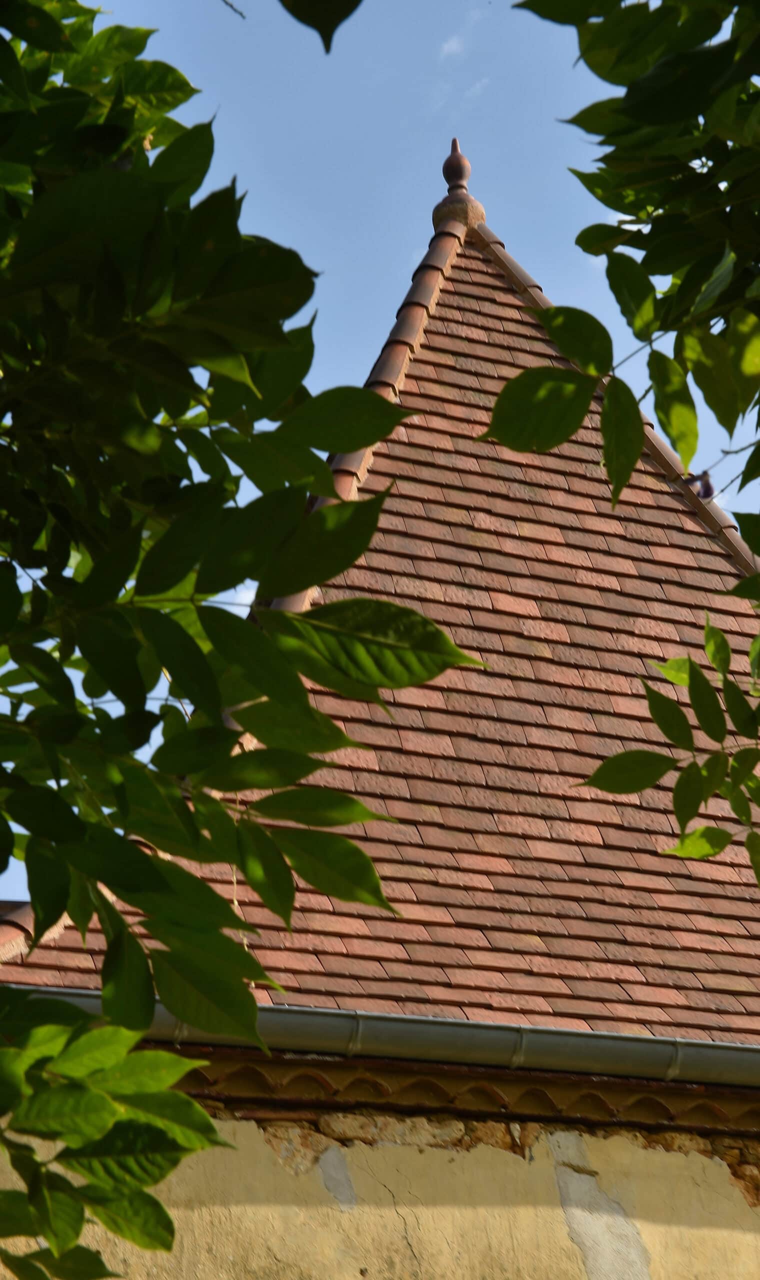 Gable Roof with Huguenot Gabarre Clay Tiles – Framed by Trees