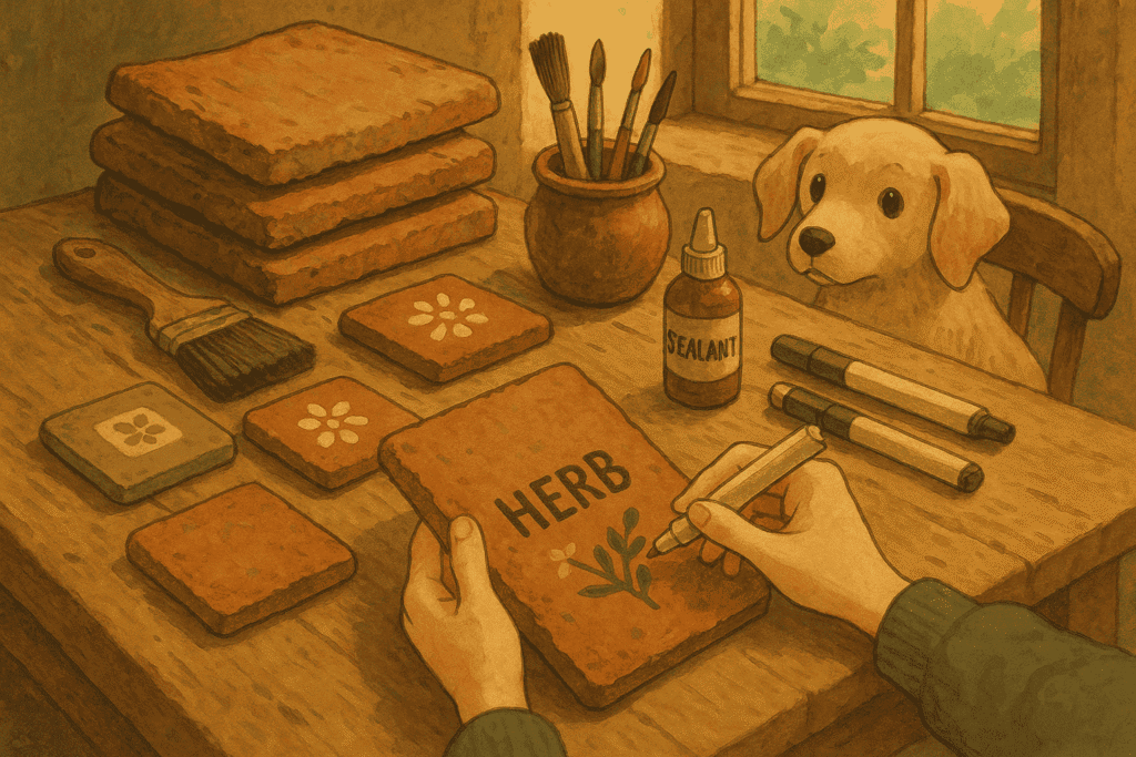 Hands decorating clay tiles with patterns while a dog watches.