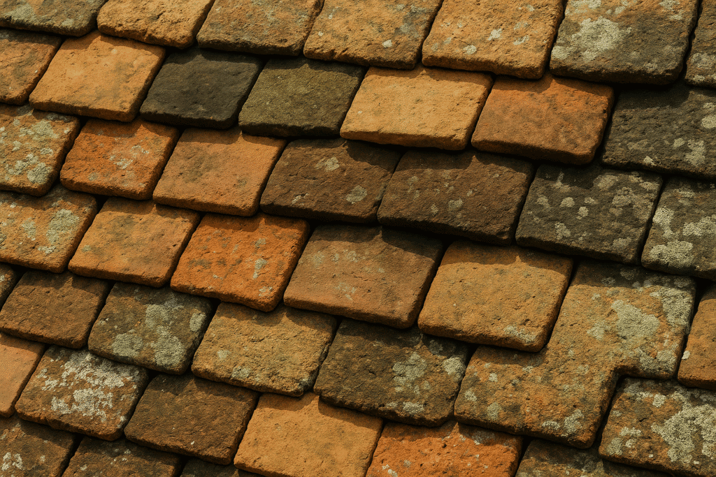 Close-up of weathered 200-year-old handmade French clay roof tiles with lichen and aged patina