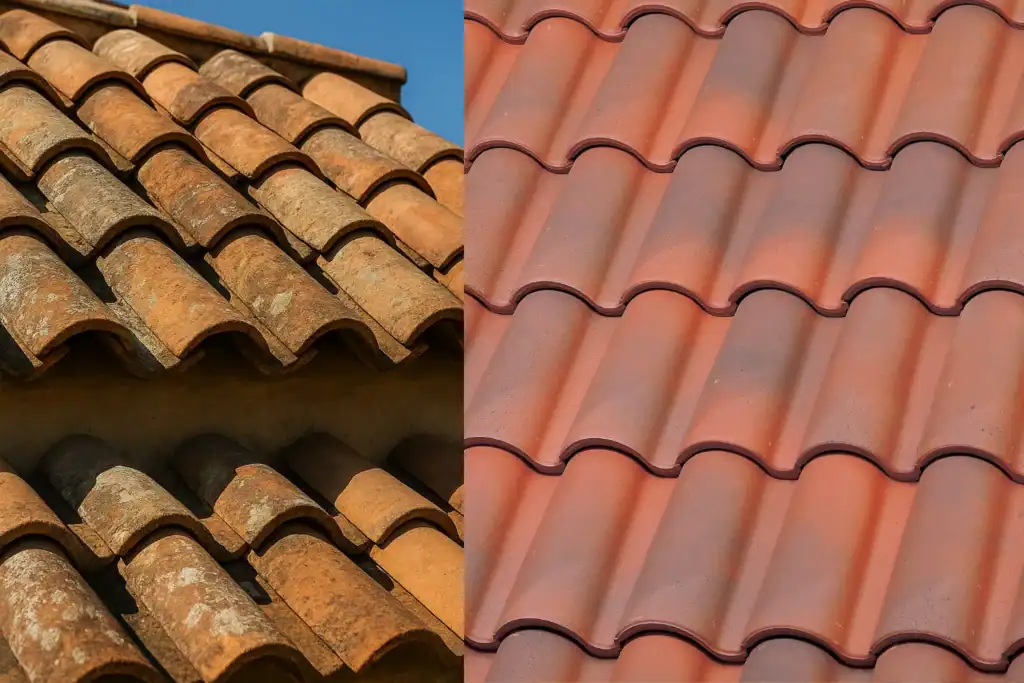 Side-by-side comparison of traditional Pan and Cover mission tiles and modern interlocking clay roof tiles under natural light