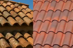 Side-by-side comparison of traditional Pan and Cover mission tiles and modern interlocking clay roof tiles under natural light