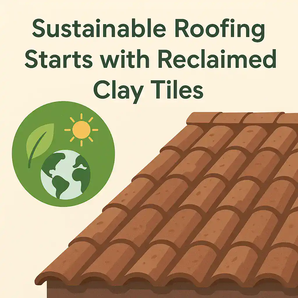 Illustration of a reclaimed clay tile roof with eco-friendly symbols including a green leaf, earth, and sun, representing sustainable roofing and environmental responsibility.