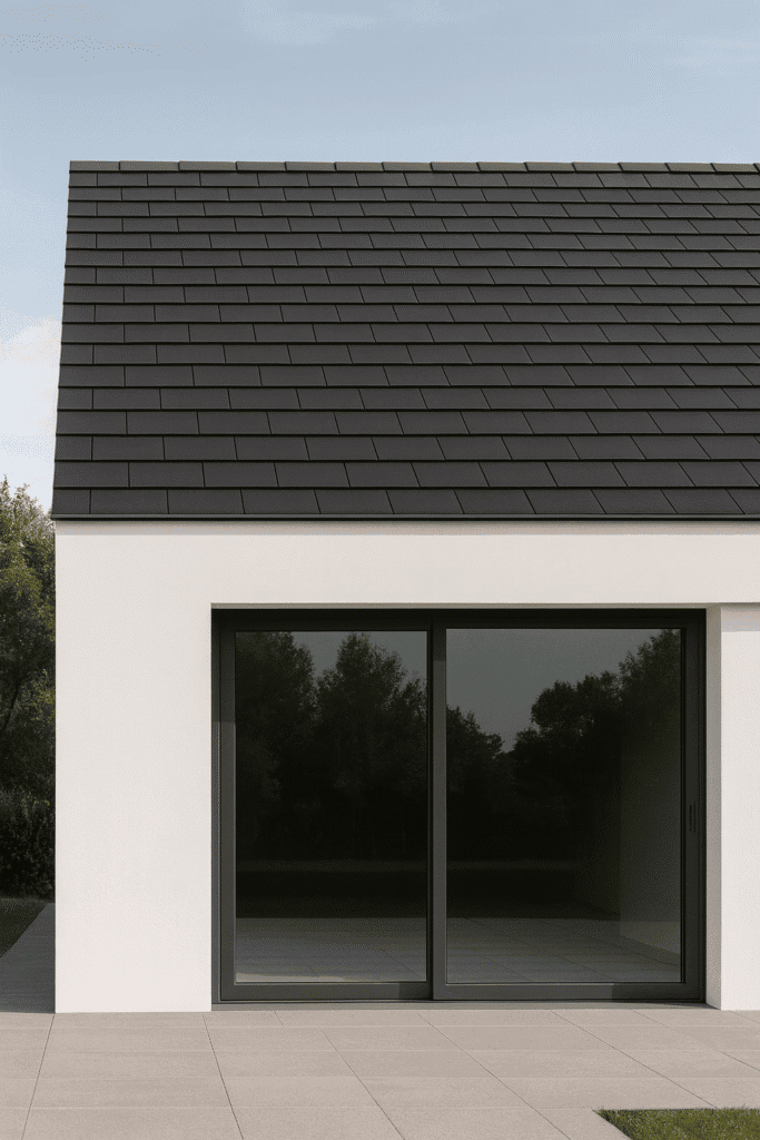 Modern minimalist home with sleek Plana flat clay roof tiles in dark grey, shown in a clean architectural close-up.