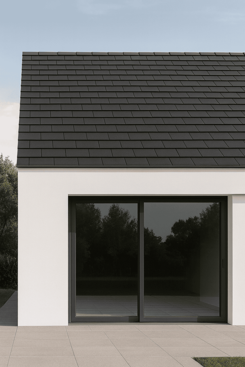 Modern minimalist home with sleek Plana flat clay roof tiles in dark grey, shown in a clean architectural close-up.