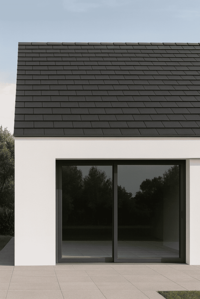 Modern minimalist home with sleek Plana flat clay roof tiles in dark grey, shown in a clean architectural close-up.