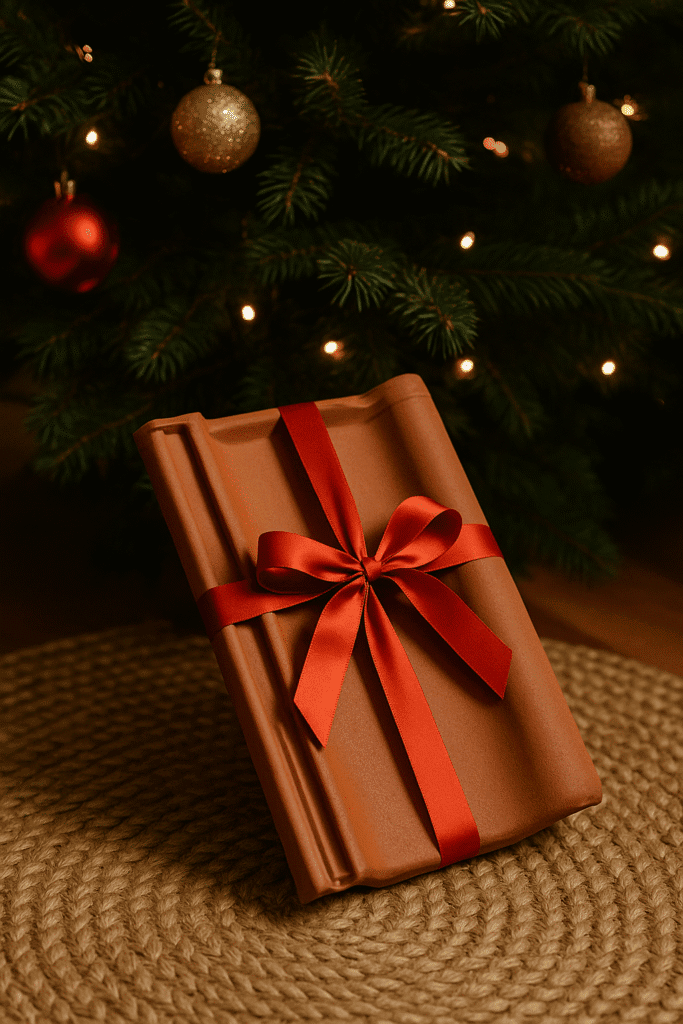 Clay roof tile wrapped with a red ribbon sitting under a Christmas tree — holiday-themed image for Northern Roof Tiles.