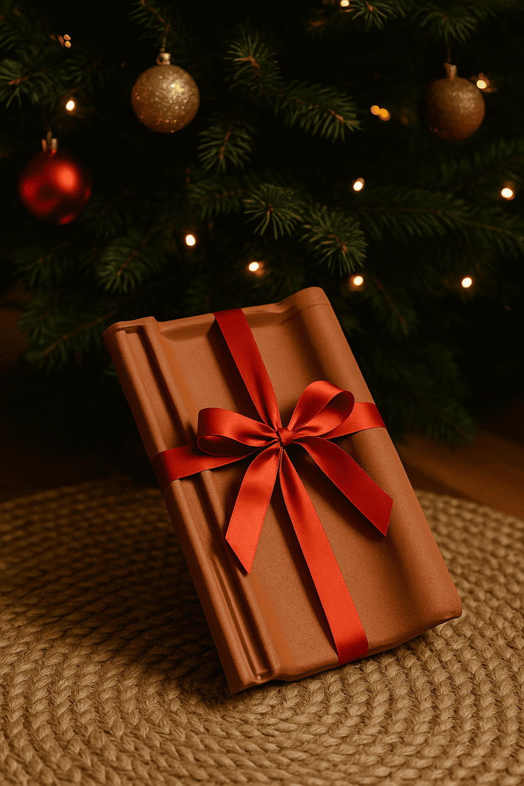 Clay roof tile wrapped with a red ribbon sitting under a Christmas tree — holiday-themed image for Northern Roof Tiles.