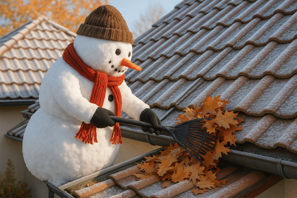 Snowman clearing autumn leaves from a frost-covered clay tile roof during winter preparation.