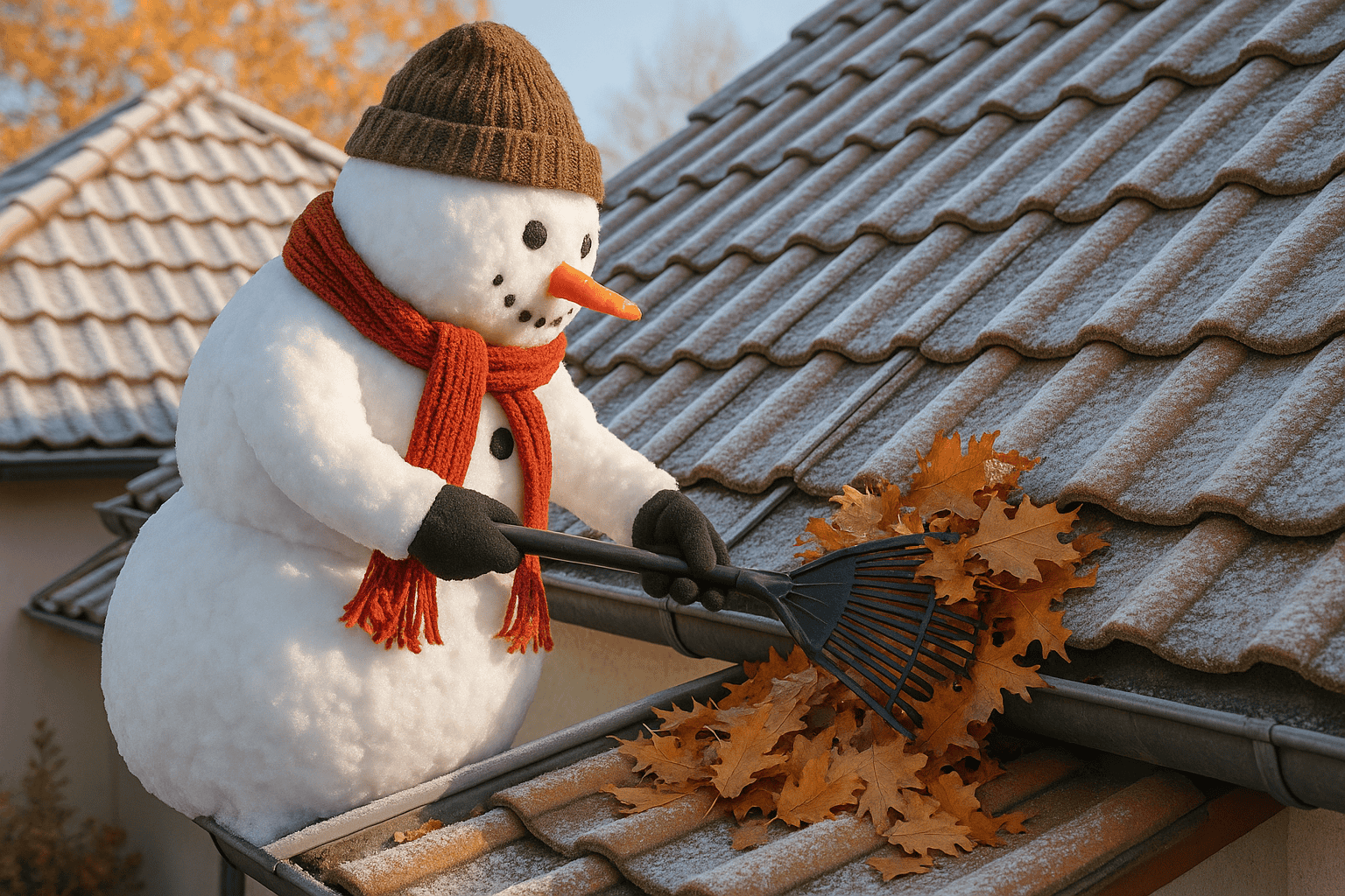 Snowman clearing autumn leaves from a frost-covered clay tile roof during winter preparation.