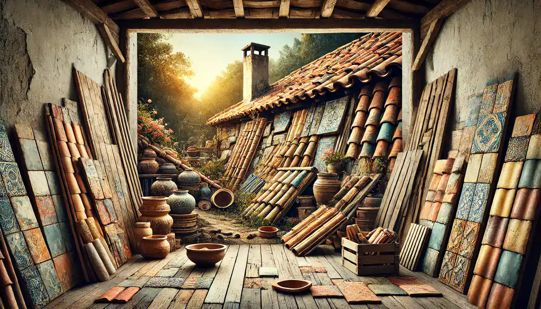 Rustic workshop with clay roof tiles and pottery.