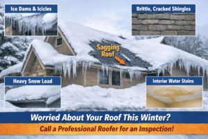 Snow covered roof showing ice dams, icicles, heavy snow load, cracked shingles, and interior water stains from winter roof damage