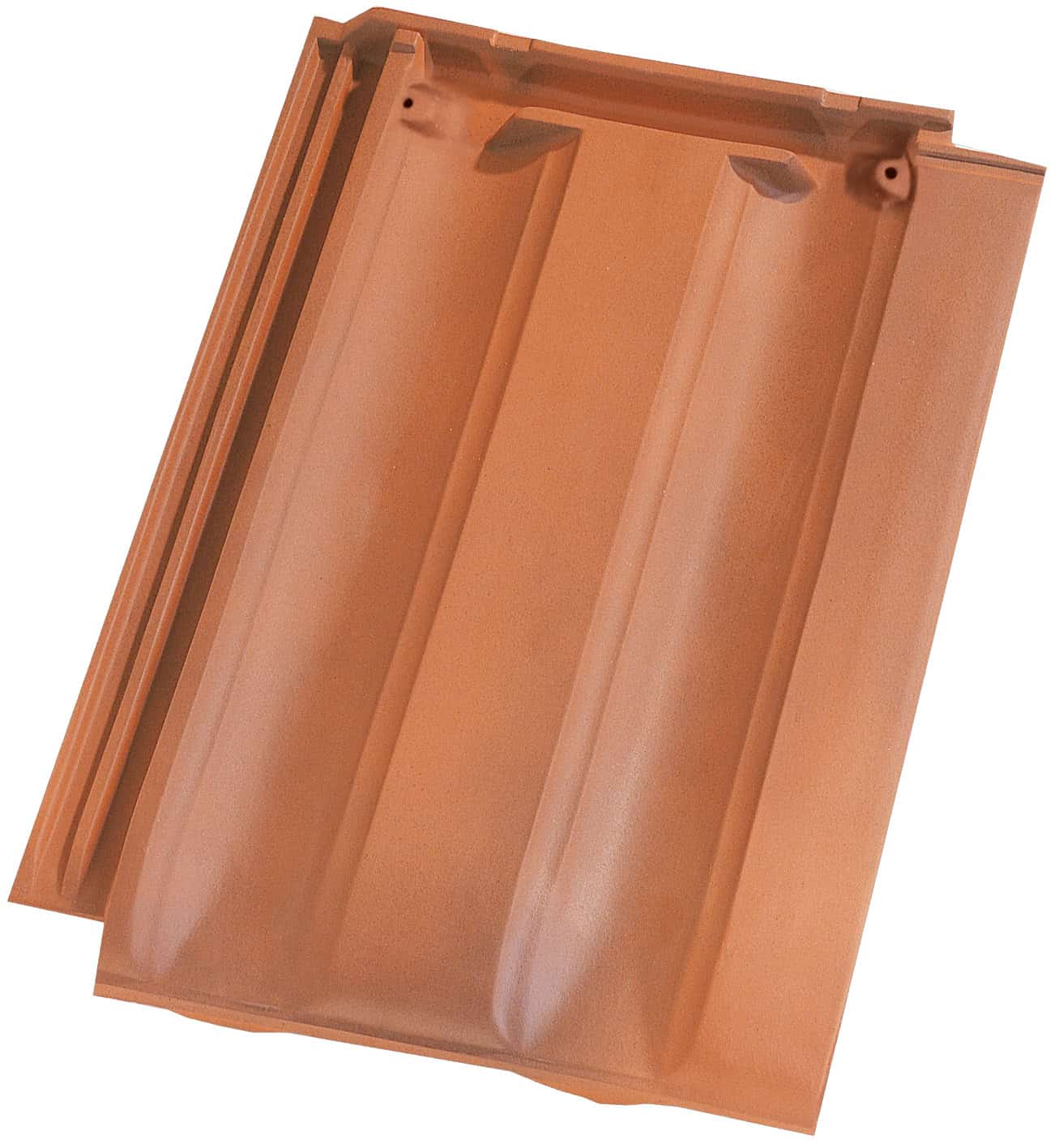 PV10 French interlocking clay roof tile shown individually, underside profile visible