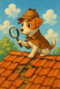 Cartoon dog dressed as a detective with magnifying glass examining missing clay roof tiles, symbolizing expert roof tile identification and matching service.