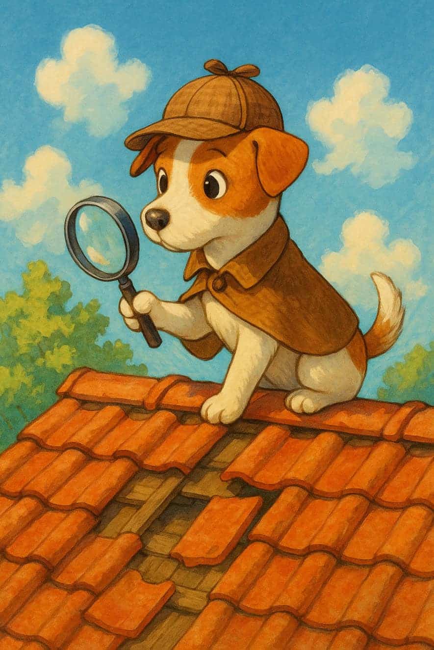 Cartoon dog dressed as a detective with magnifying glass examining missing clay roof tiles, symbolizing expert roof tile identification and matching service.