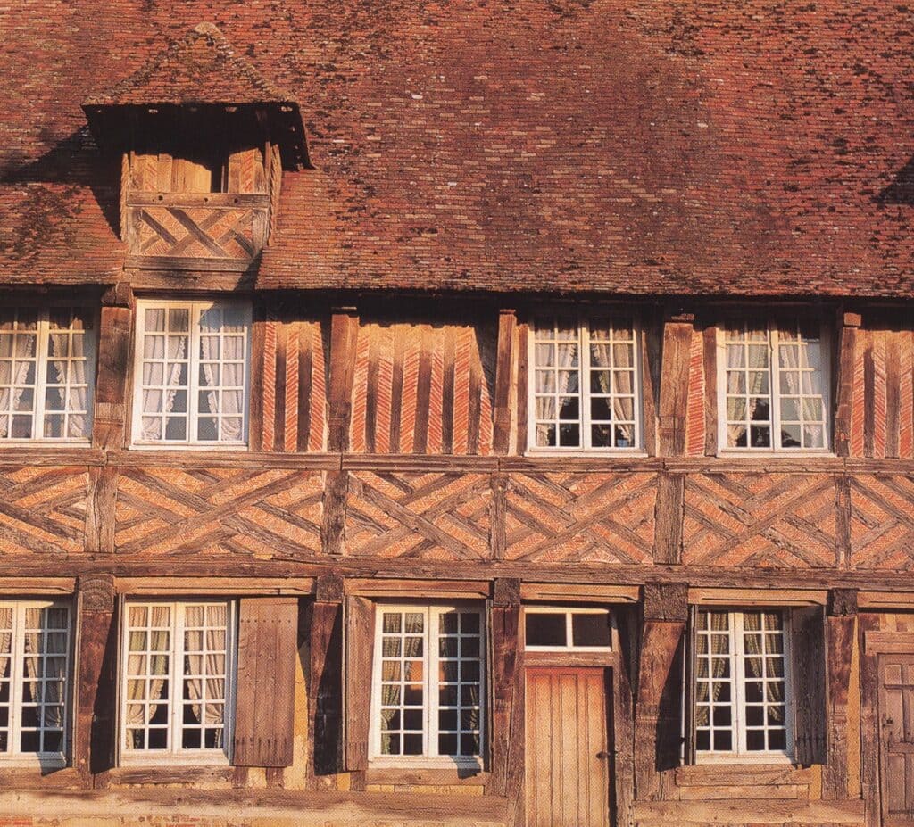 Close up of historic clay plain tile roof on old Normandy manor house