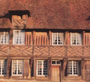 Close up of historic clay plain tile roof on old Normandy manor house