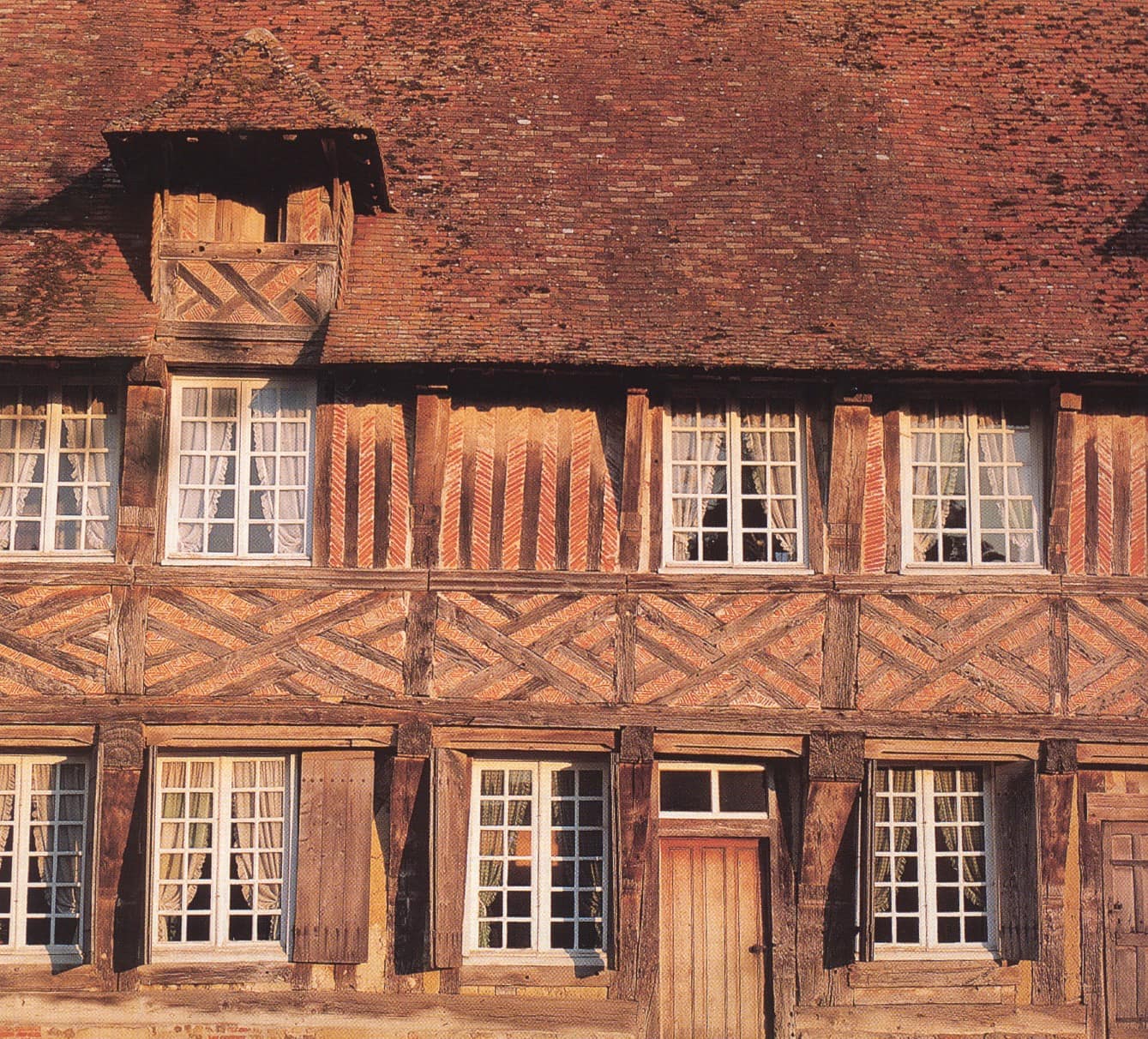 Close up of historic clay plain tile roof on old Normandy manor house