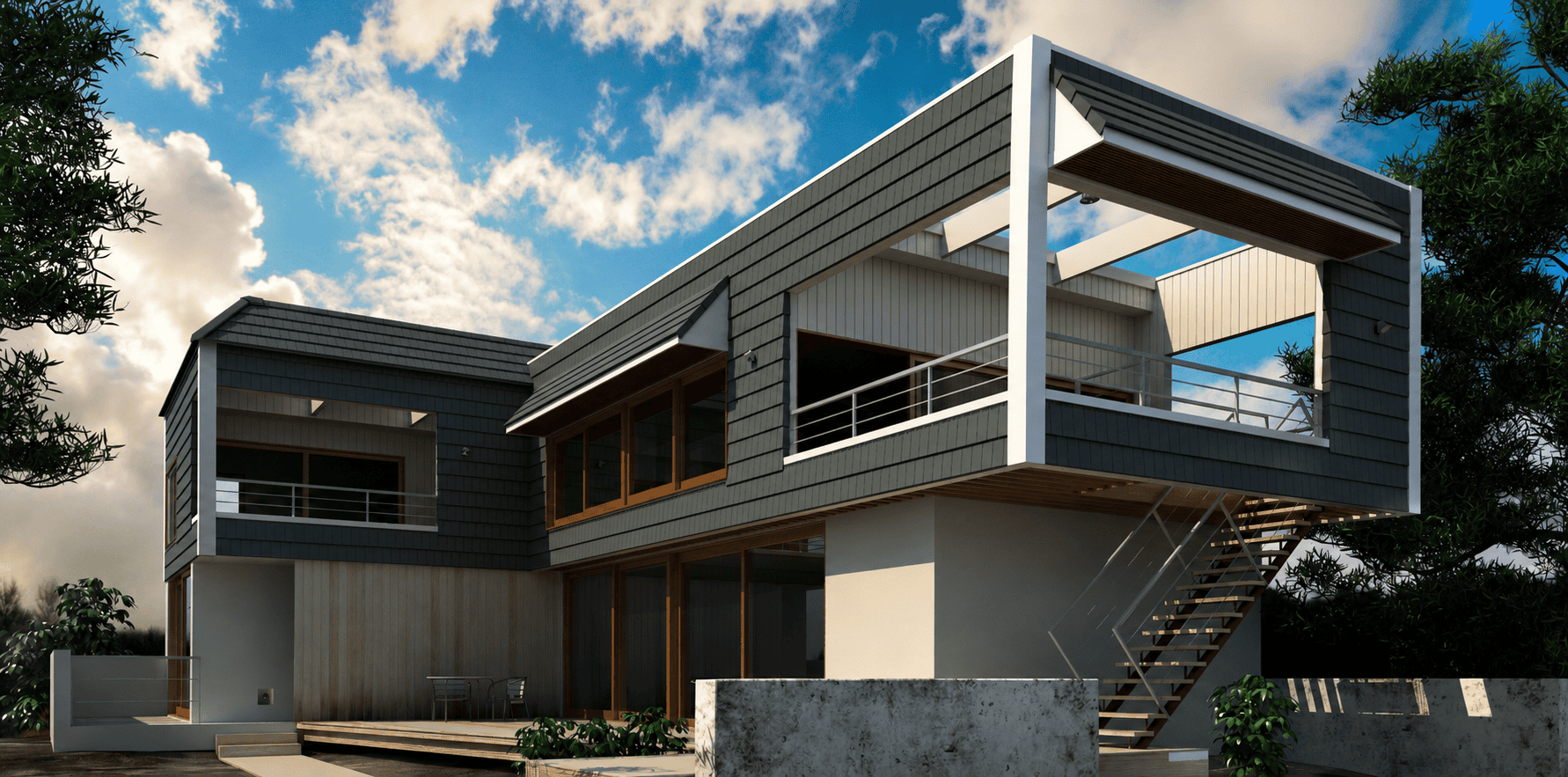 Modern architectural home with dark gray Plana flat interlocking clay roof tiles installed on a contemporary residence.