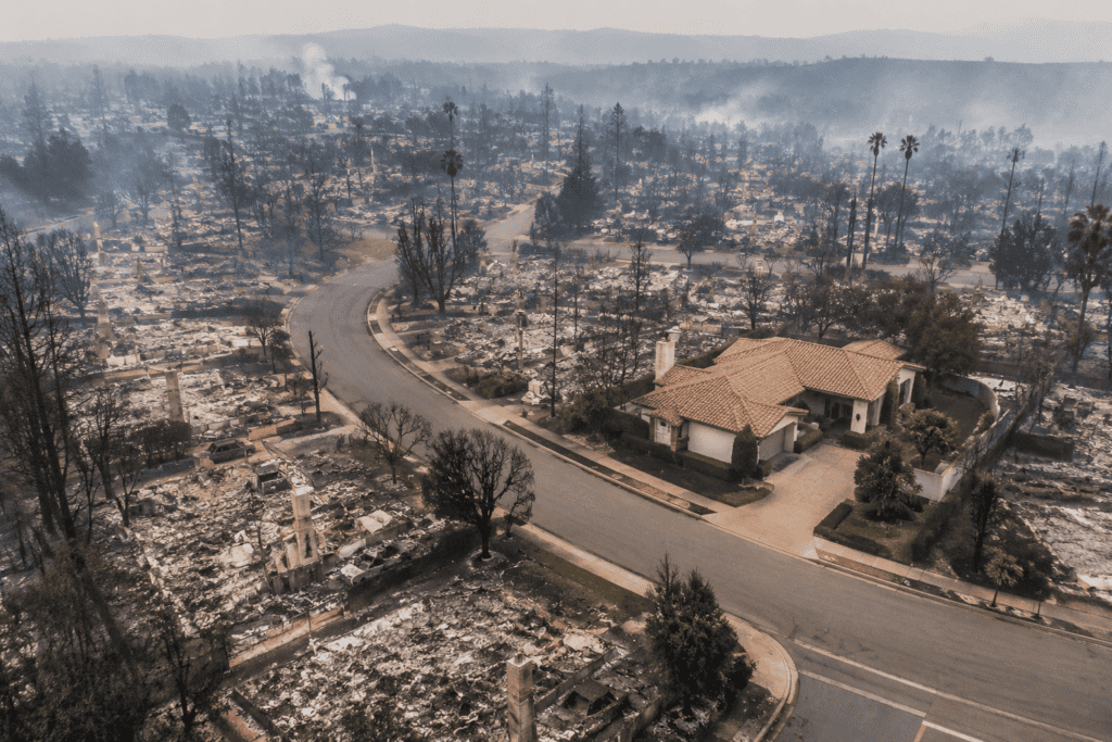 Illustration of a clay tile roof home surrounded by wildfire-damaged homes