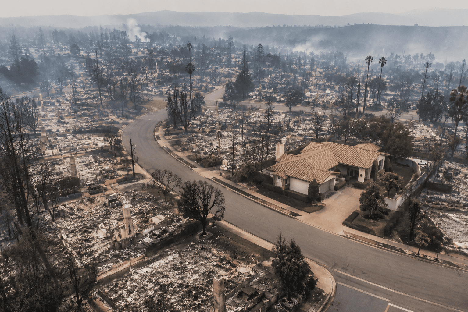 Illustration of a clay tile roof home surrounded by wildfire-damaged homes