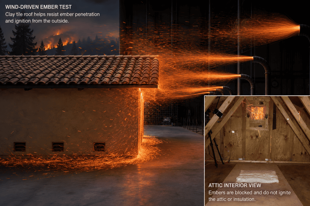 IBHS wildfire research testing how wind-driven embers can enter a home through attic and roof ventsWind-driven ember testing at the Insurance Institute for Business & Home Safety (IBHS) Research Center. Image courtesy of IBHS.